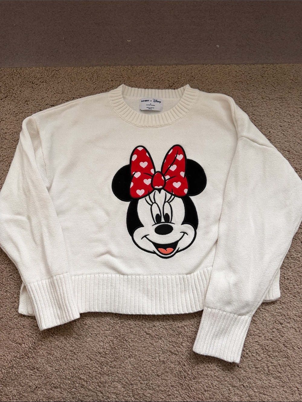 Disney Cream Knit Sweater with Minnie Mouse Red Heart Bow
